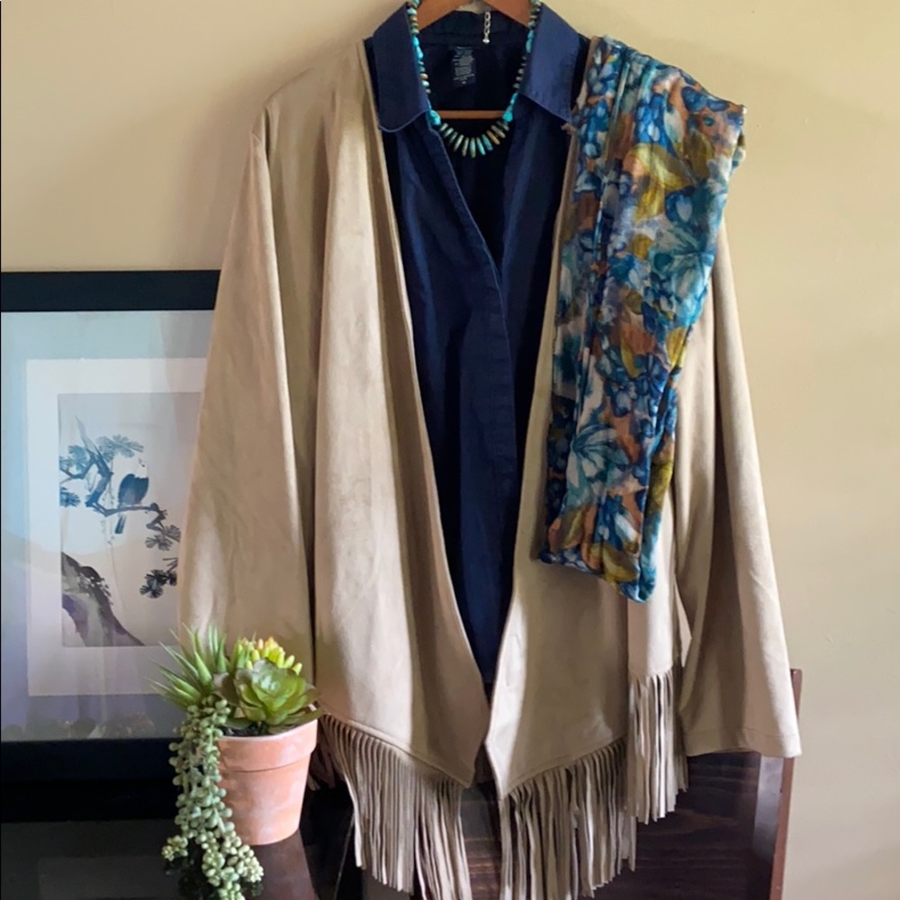 Suede Leather Fringe Jacket Open Wrap size XL